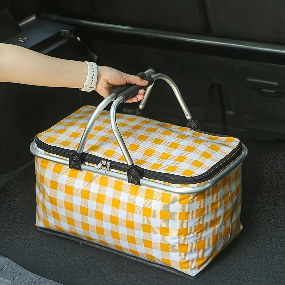 1pc Non-Food Direct Contact, Insulated Picnic Basket, Portable Foldable Cooler with Lid And Aluminum Handle, Suitable for Shopping, Travel, And Camping.