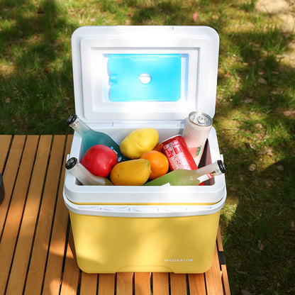 Portable Insulated Cooler Box - Durable PE Material, Upgraded Outdoor Camping & Fishing Ice Chest with Secure Lid, Ideal for Car Travel & Home Use, Yellow with White Accents, Camping Essentials|Sleek Camping Gear|Durable PE Materia