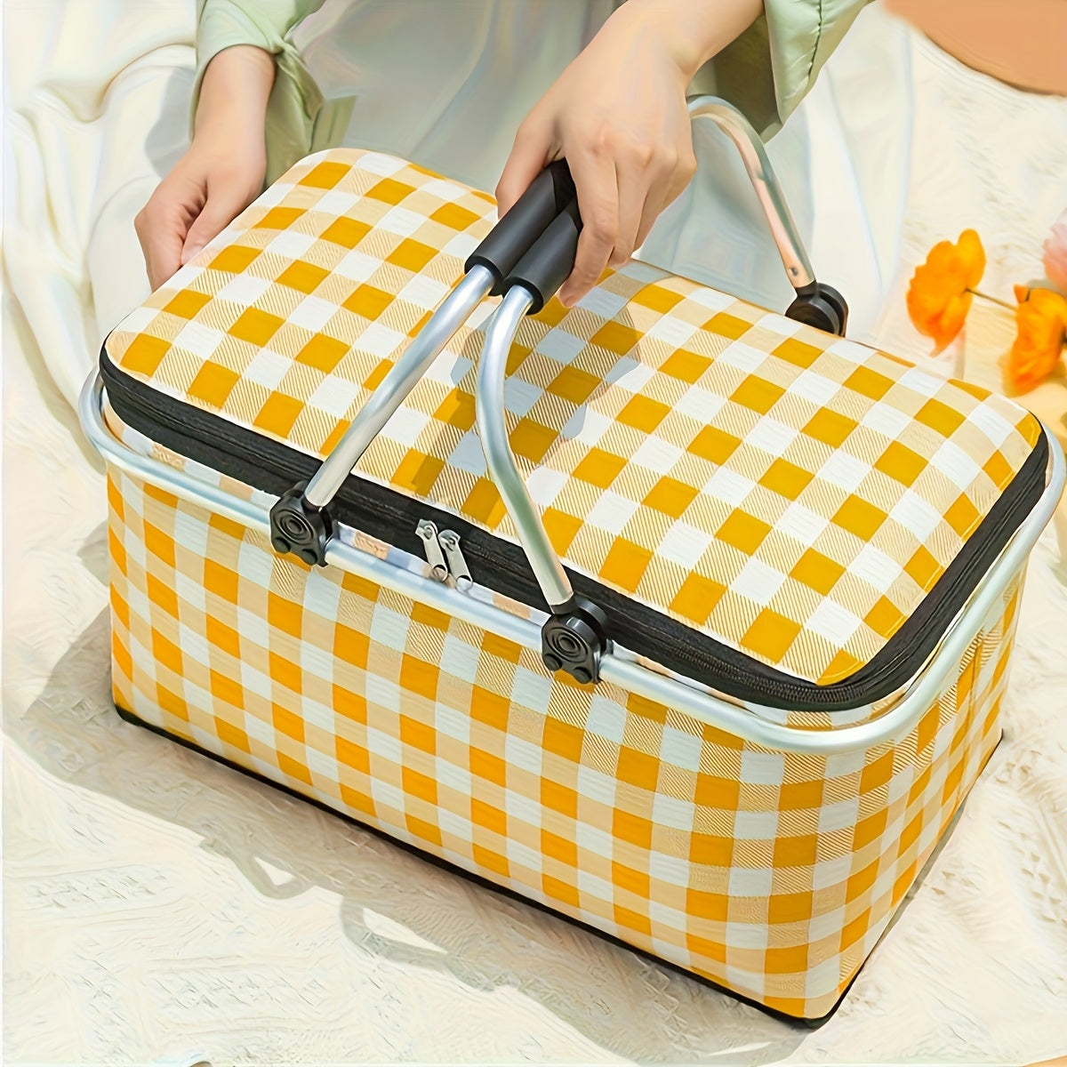 1pc Non-Food Direct Contact, Insulated Picnic Basket, Portable Foldable Cooler with Lid And Aluminum Handle, Suitable for Shopping, Travel, And Camping.
