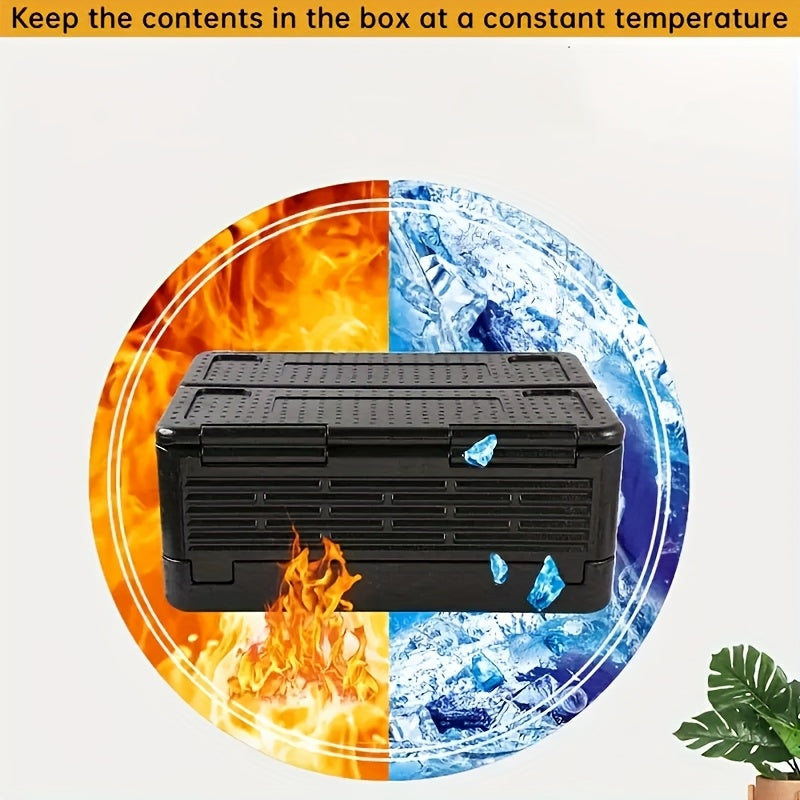 Portable Folding Insulated Cooler Box for Food Transportation – High Quality, Black, Car-Mounted Fresh-Keeping Container with Multiple Compartments for Outdoor Use, Sturdy Construction