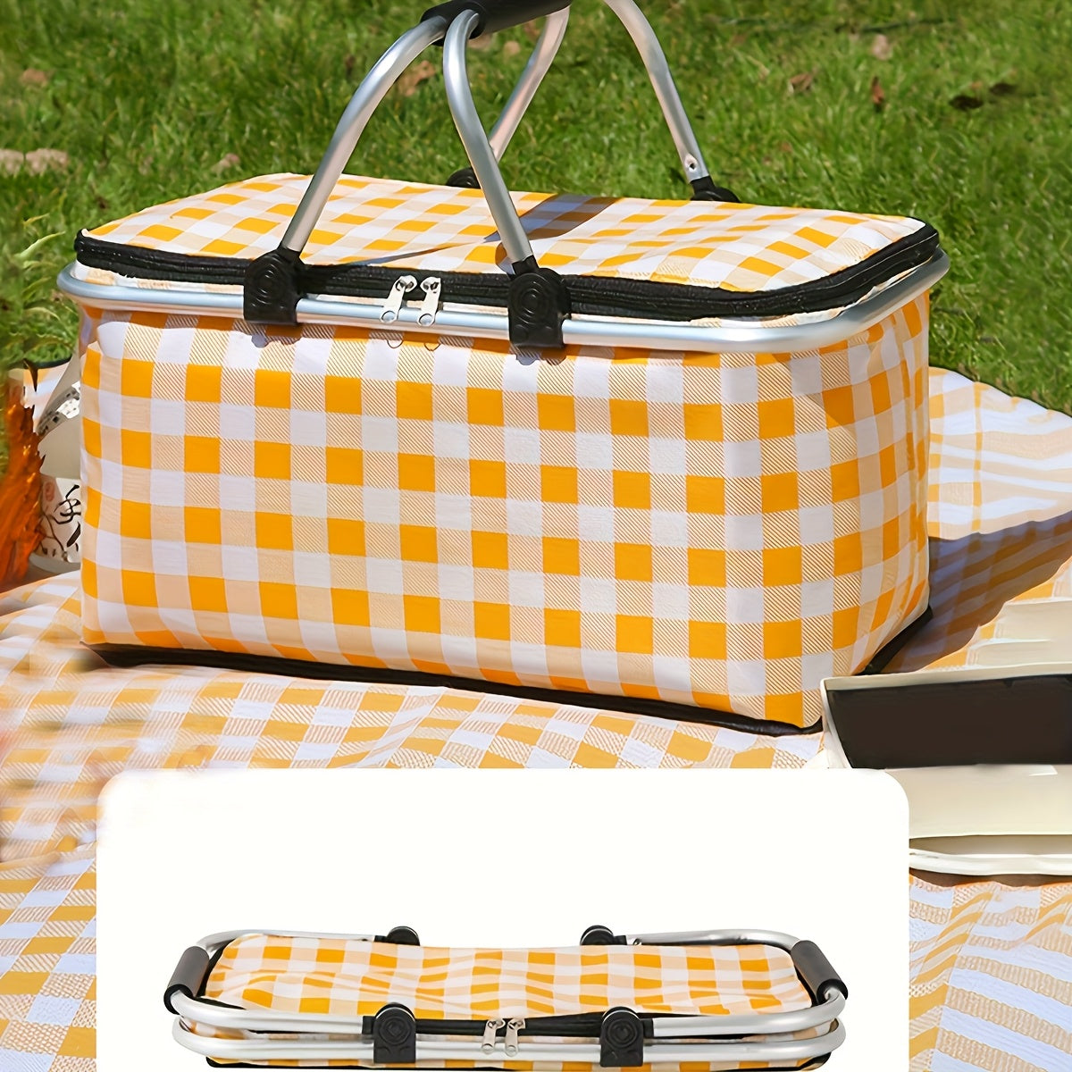 1pc Non-Food Direct Contact, Insulated Picnic Basket, Portable Foldable Cooler with Lid And Aluminum Handle, Suitable for Shopping, Travel, And Camping.