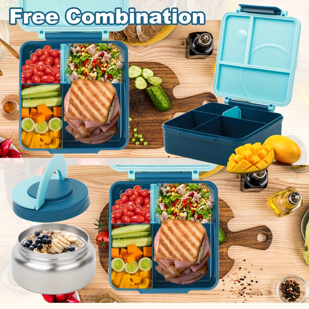 Adult Bento Box with Leak-Proof Insulated Stainless Steel Bottle - 4 Compartment, 2 Temperature Zones (Blue, Pink) - Suitable for School Lunches,Back to School
