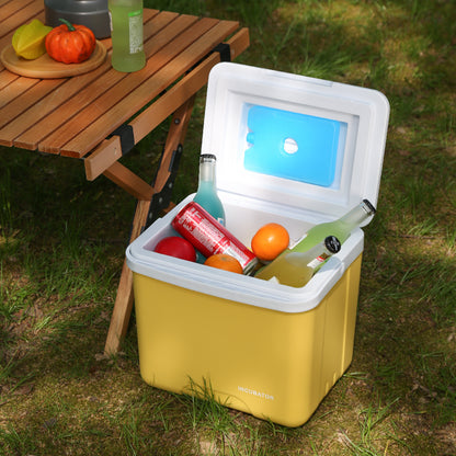 Portable Insulated Cooler Box - Durable PE Material, Upgraded Outdoor Camping & Fishing Ice Chest with Secure Lid, Ideal for Car Travel & Home Use, Yellow with White Accents, Camping Essentials|Sleek Camping Gear|Durable PE Materia