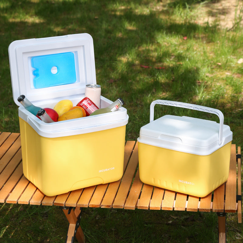 Portable Insulated Cooler Box - Durable PE Material, Upgraded Outdoor Camping & Fishing Ice Chest with Secure Lid, Ideal for Car Travel & Home Use, Yellow with White Accents, Camping Essentials|Sleek Camping Gear|Durable PE Materia