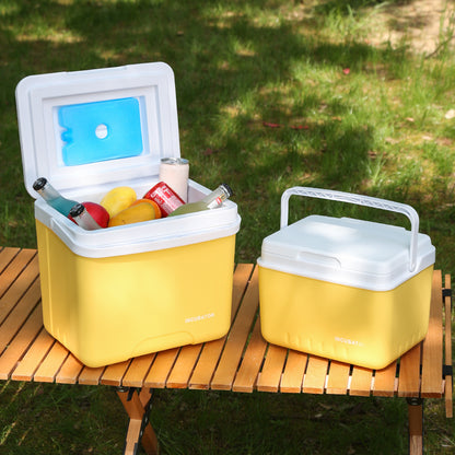 Portable Insulated Cooler Box - Durable PE Material, Upgraded Outdoor Camping & Fishing Ice Chest with Secure Lid, Ideal for Car Travel & Home Use, Yellow with White Accents, Camping Essentials|Sleek Camping Gear|Durable PE Materia