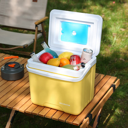 Portable Insulated Cooler Box - Durable PE Material, Upgraded Outdoor Camping & Fishing Ice Chest with Secure Lid, Ideal for Car Travel & Home Use, Yellow with White Accents, Camping Essentials|Sleek Camping Gear|Durable PE Materia