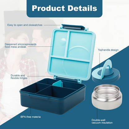 Adult Bento Box with Leak-Proof Insulated Stainless Steel Bottle - 4 Compartment, 2 Temperature Zones (Blue, Pink) - Suitable for School Lunches,Back to School