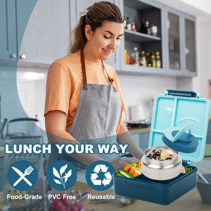 Adult Bento Box with Leak-Proof Insulated Stainless Steel Bottle - 4 Compartment, 2 Temperature Zones (Blue, Pink) - Suitable for School Lunches,Back to School